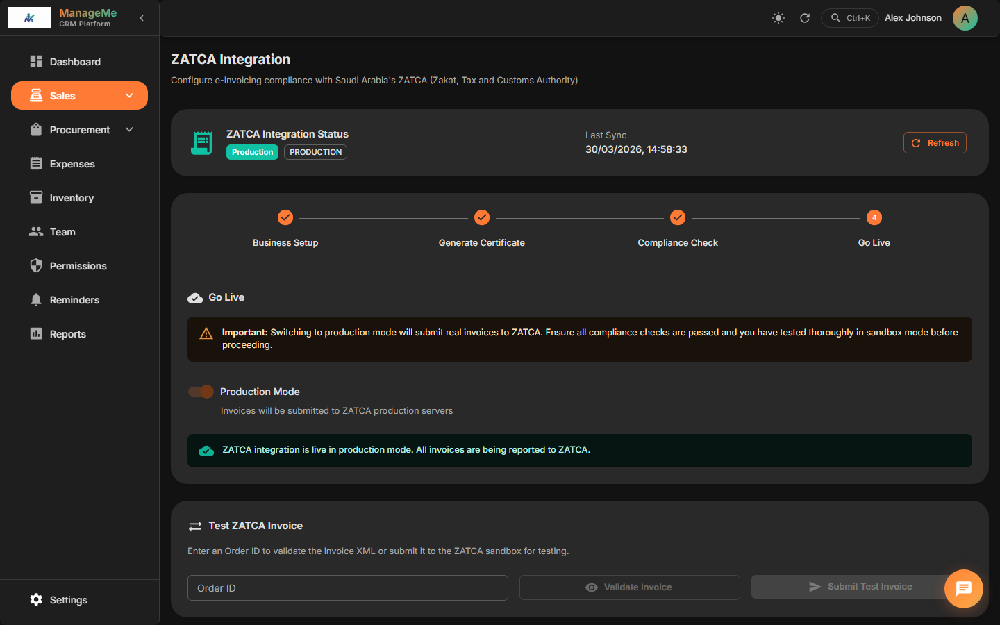 ManageMe ZATCA Settings Dark